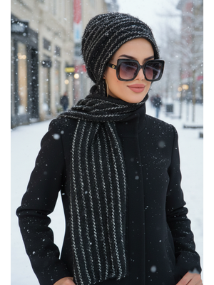 AİŞE TESETTÜR Siyah Desenli Bere