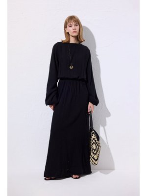 MANUKA Siyah Müslin Beli Büzgülü Elbise