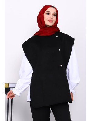 İmaj Butik Siyah Çıtçıt Detaylı Kaşe Yelek