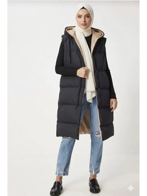 Harmatime butik Siyah Krem Yelek Çift Taraflı Kapüşonlu Cepli