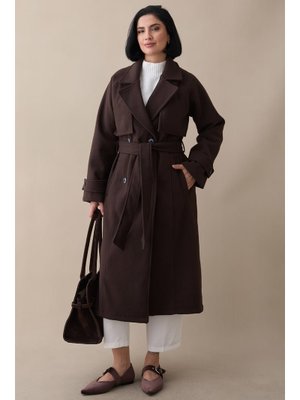 InStyle Kapaklı Kuşaklı Astarsız Acı Kahve Kaşe Kaban