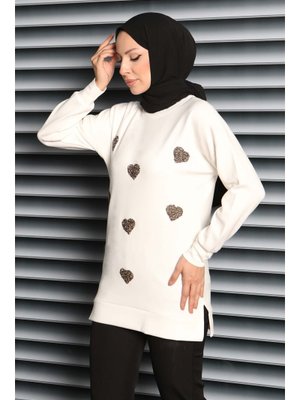 Tofisa Beyaz Kalp Taşlı İşlemeli Modal Tunik