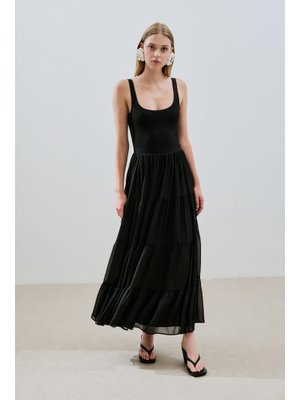 MANUKA Siyah Uzun Büzgülü Şifon Etek