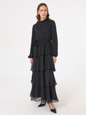 Refka Siyah Balon Kollu Eteği Katlı Şifon Elbise