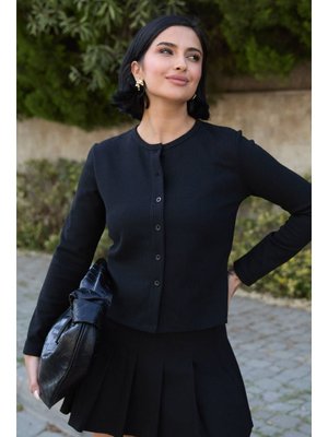 InStyle Basic Düğmeli Siyah Waffle Hırka