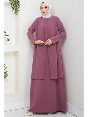 Hafsa Mina Gül Kurusu Büyük Beden Boncuklu Taşlı Anne Elbisesi