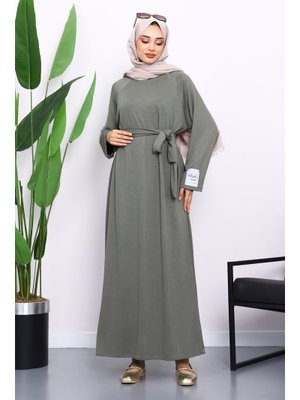 İmaj Butik Haki Kolu Armalı Reglan Kol Basic Modal Kuşaklı Elbise