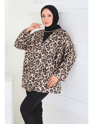 Tofisa Bej Leopar Desenli Önden Bağlamlalı Ceket