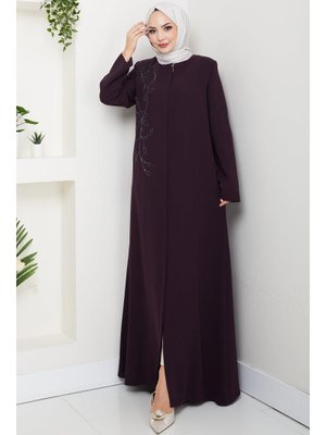 Hafsa Mina Mor Çiçek Detay Taşlı Ferace