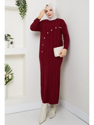 Pamuk Butik Taş Detaylı Büyük Beden Fitilli Uzun Triko Elbise