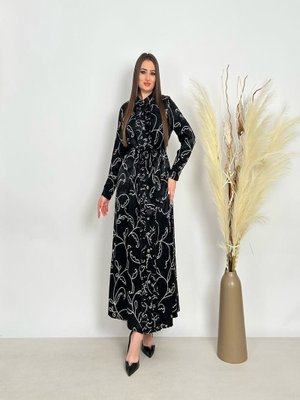 De White`s Siyah Büyük Beden Gömlek Yaka Büzgü Düğmeli Kemerli Elbise