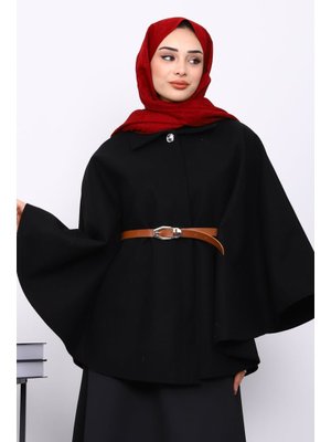 İmaj Butik Siyah Kemerli Kaşe Panço