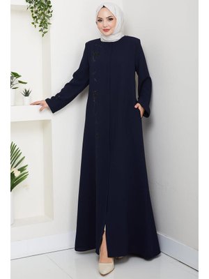 Hafsa Mina Lacivert Gizli Patlı Taşlı Ferace