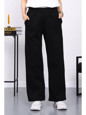 İmaj Butik Siyah Bel Lastikli Şardonlu Üç İplik Pantolon