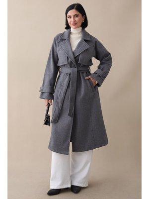 InStyle Kapaklı Kuşaklı Astarsız Antrasit Kaşe Kaban