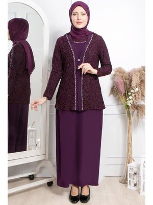 MODAVİKİ Mürdüm İşlemeli Ceket Detaylı Abiye Takım