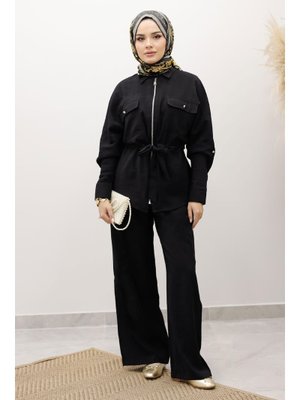 Tesettür Dünyası Siyah Beli Büzgülü Fermuarlı İkili Takım