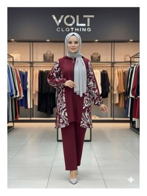 Volt Clothing Bordo Ön Detay Desenli İkili Takım