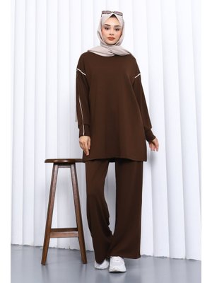 İmaj Butik Kahverengi Biyeli Tunik Pantolonlu Modal Takım