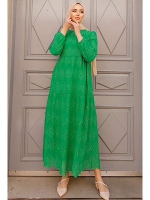 Neva Style Kol Ucu Lastikli Yeşil Elbise 1073y