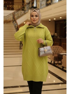 Neva Style Baklava Detaylı Açıık Sarı Triko Kazak Tunik 83961asr