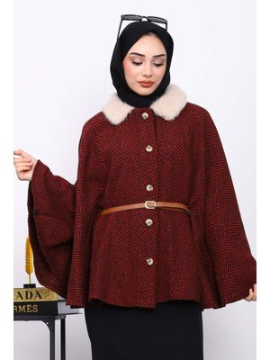 İmaj Butik Bordo Yaka Kürklü Kemerli Panço