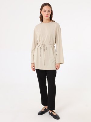 Benin Taş Rengi Belden Bağlamalı Modern Kesim Tunik