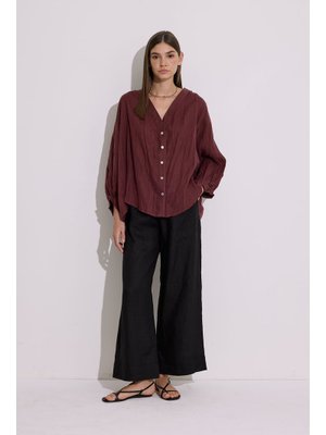 MANUKA Keten Crush Düğmeli Bluz Erik Çürüğü