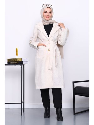 İmaj Butik Krem Kruvaze Yaka Kol Apoletli Angora Kaban
