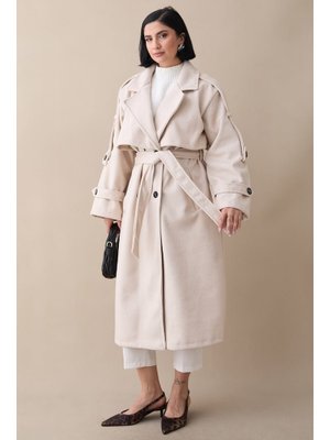 InStyle Apoletli Kuşaklı Astarsız Oversize Krem Kaşe Kaban