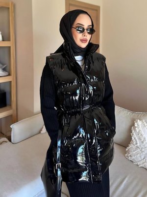 Harmatime butik Fermuarlı Cepli Siyah Parlak Şişme Yelek