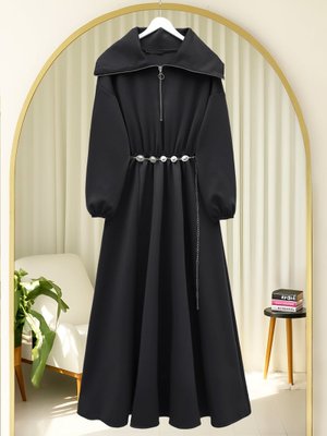 Podyumplus Siyah Boğazlı Yarım Fermuarlı Beli Büzgülü Kemerli Scuba Elbise