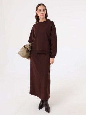 Benin Kahverengi Basic Sweatshirt Uzun Etek İkili Takım