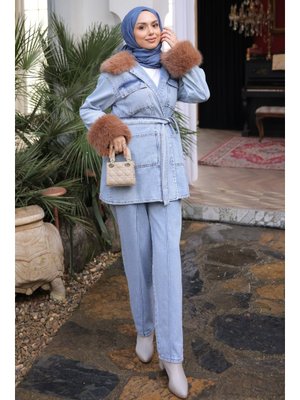 İmaj Butik Mavi Kol Yaka Kürklü Kot Ceket Pantolonlu Takım
