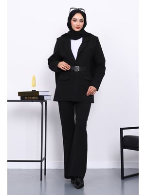 İmaj Butik Siyah Kemerli Blazer Ceket Pantolonlu Takım