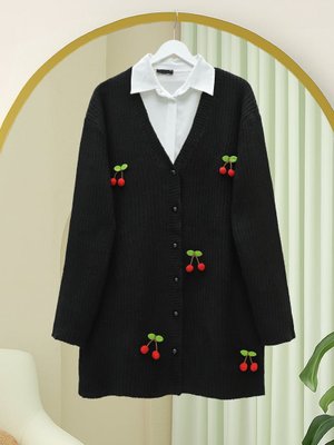 Podyumplus Siyah Kirazlı Top Düğmeli Triko Hırka