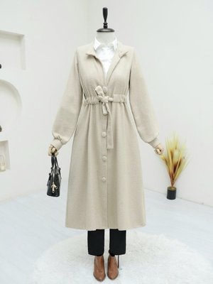 Podyumplus Bej Belden Bağlamalı Top Düğmeli Kaşe Kaban