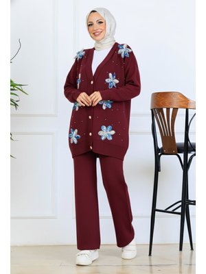 Benguen Bordo Çiçekli Triko Hırka Takım
