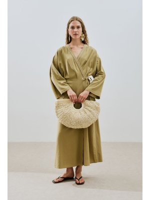 MANUKA Haki Dokulu Kruvaze Kapamalı Elbise