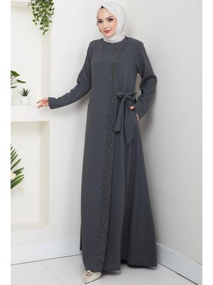 Hafsa Mina Füme Gizli Fermuarlı Yandan Bağlamalı Boncuklu Ferace