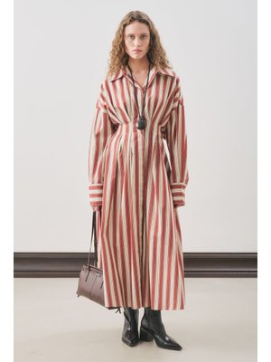 MANUKA Pile Detaylı Gömlek Elbise Kiremit Çizgili