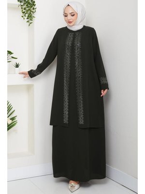 Hafsa Mina Haki Parlak Taşlı Büyük Beden Anne Elbisesi