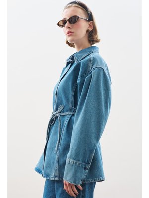 MANUKA Mavi Bağlama Detaylı Denim Gömlek