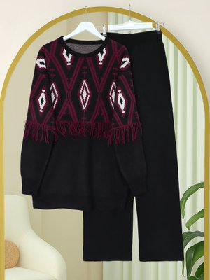 Podyumplus Siyah Önü Ve Kolu Saçaklı Piksel Desen Triko Takım