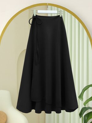 Podyumplus Siyah Yandan Bağlama Detaylı Katlı Fermuarlı Scuba Etek