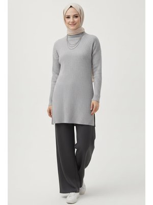 Tofisa Gri Grı İnterlok Yırtmaçlı Tunik