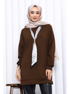 İmaj Butik Kahverengi Fular Aksesuarlı Modal Tunik