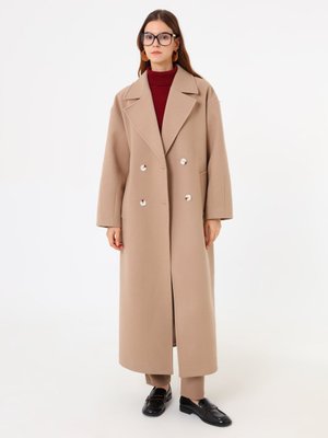 Refka Kruvaze Kapama Detaylı Düşük Omuzlu Uzun Basic Kaban Bej