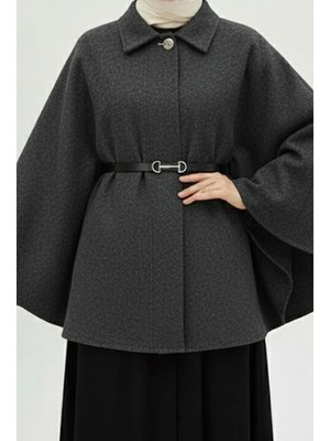 İmaj Butik Antrasit Kemerli Kaşe Panço