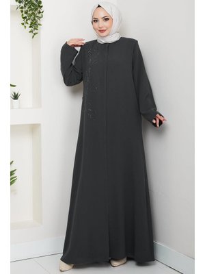 Hafsa Mina Füme Çiçek Detay Taşlı Ferace